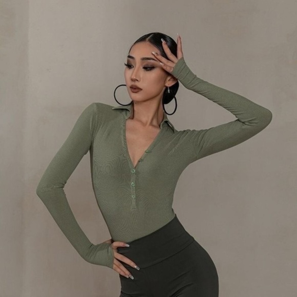Latin Dance Bodysuit for Women Sexy V-Neck Long Sleeve Polo Female Ballroom top